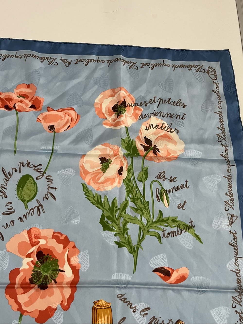 Nina Ricci Blue Scarf with Coral Floral Poppies - Picture 5 of 8